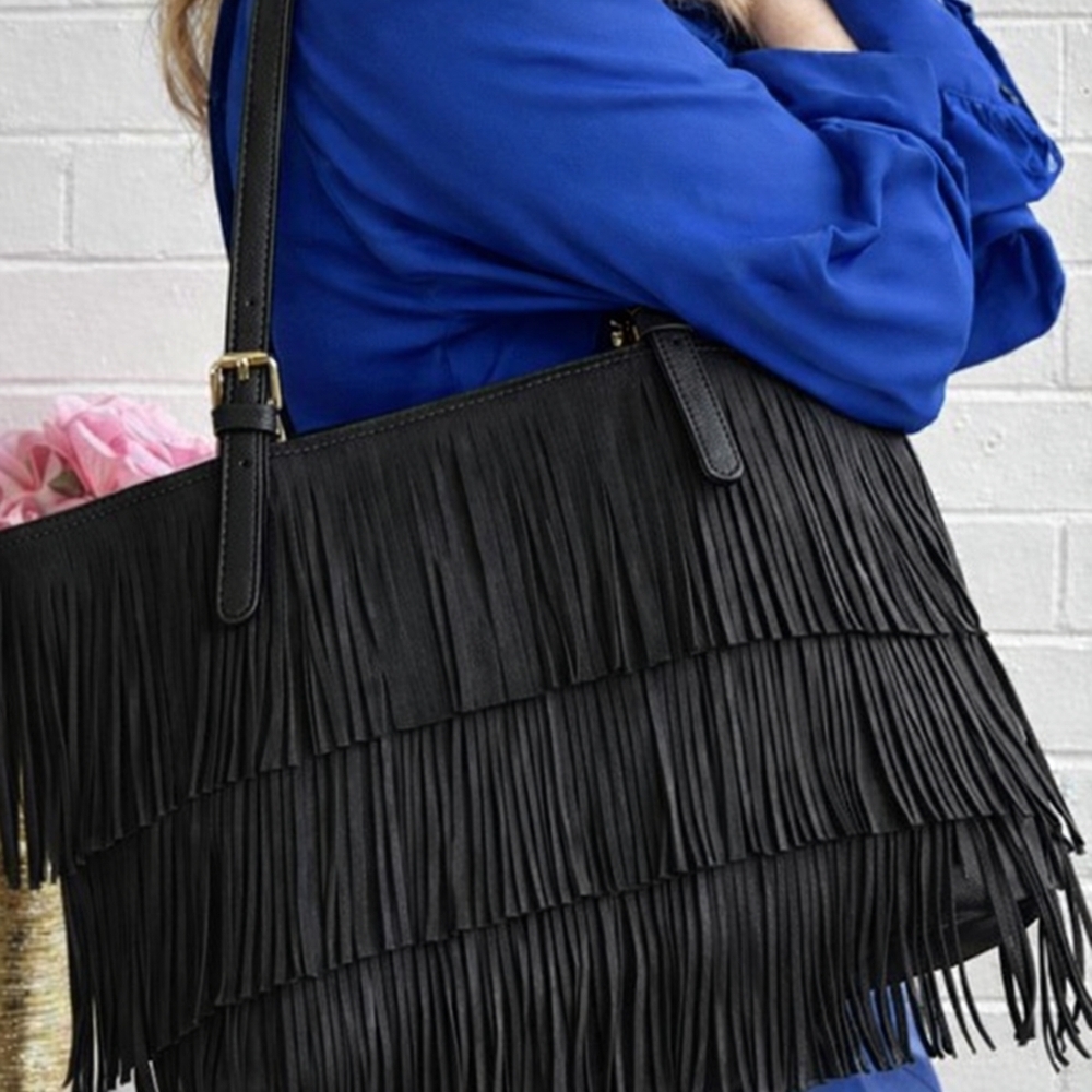 NWT! Black Fringe‎ Women's Tote, Vegan Leather